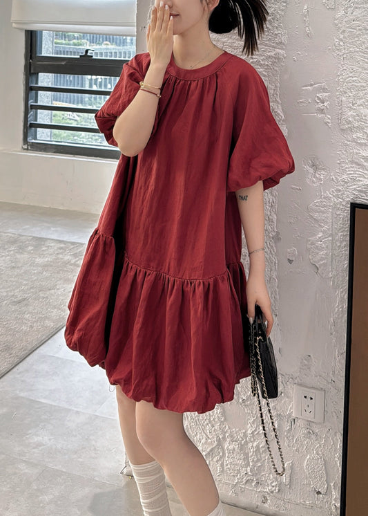 Neck Sleeve Wine Back Puff Linen Solid Button Dresses Red O