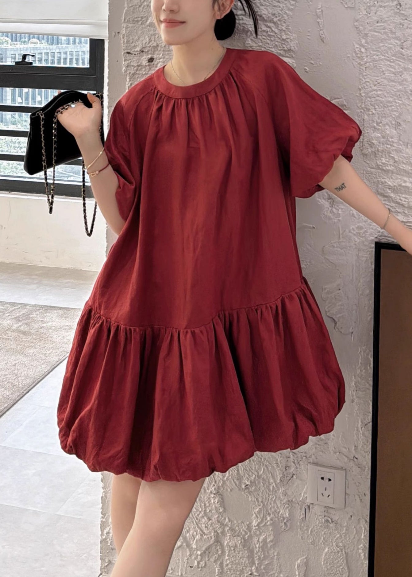 Neck Sleeve Wine Back Puff Linen Solid Button Dresses Red O