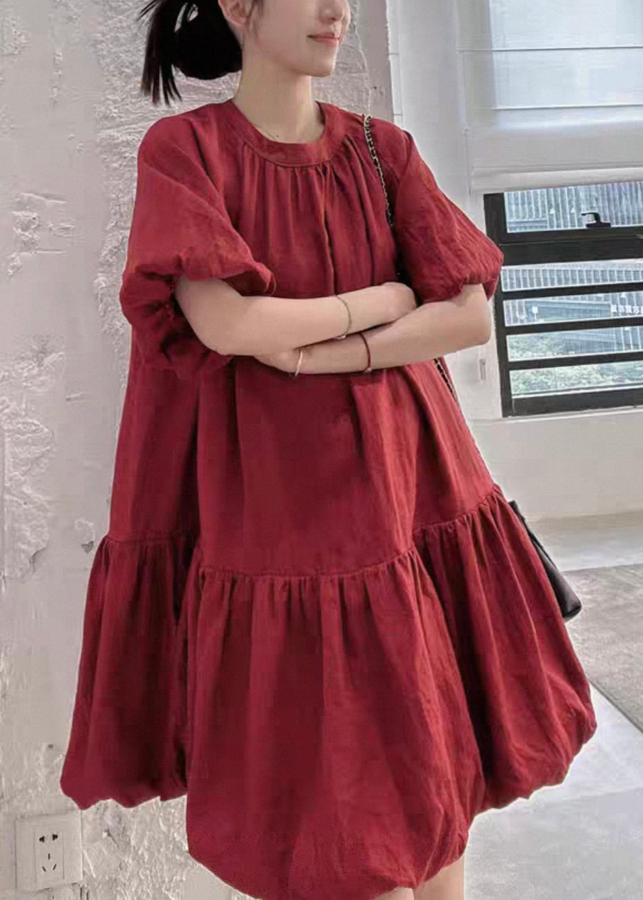 Neck Sleeve Wine Back Puff Linen Solid Button Dresses Red O