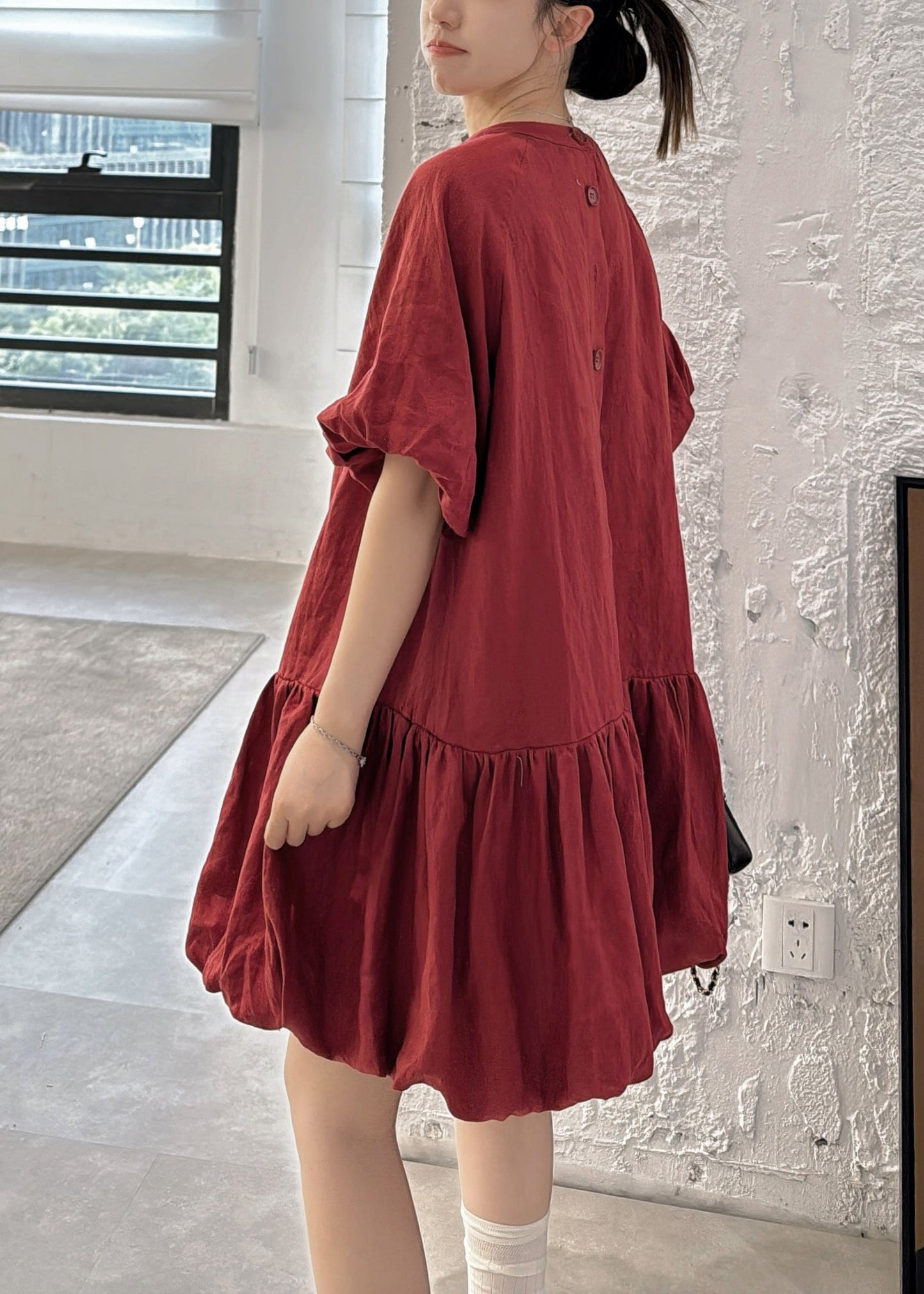 Neck Sleeve Wine Back Puff Linen Solid Button Dresses Red O