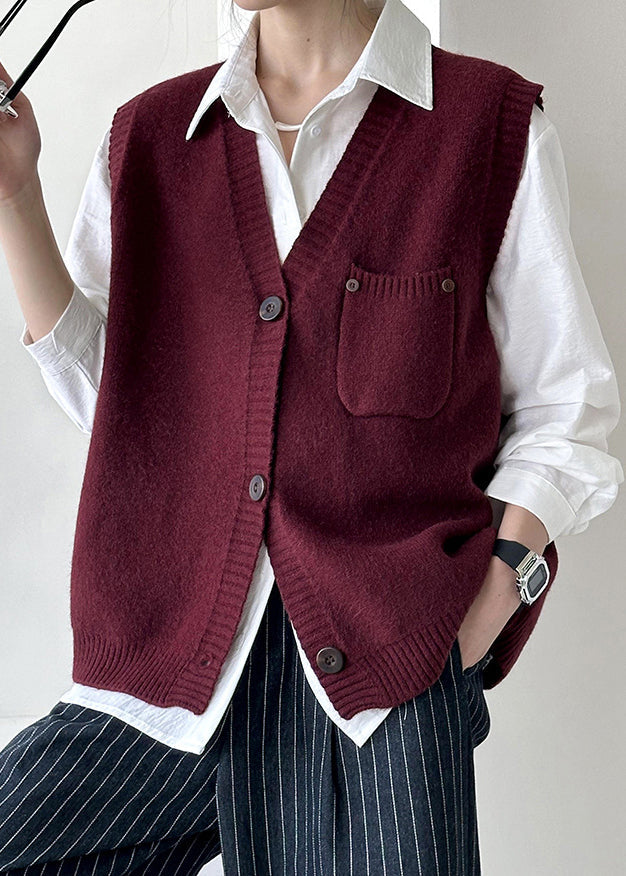 Wine Red Pockets Cozy Knit Waistcoat V Neck Fall