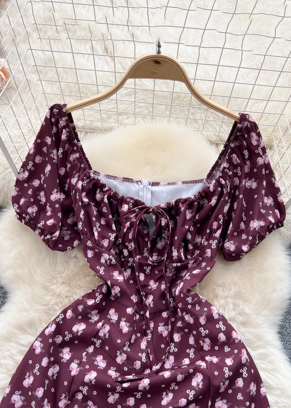 Wine Red Print Cotton Long Dresses Square Collar Short Sleeve TR029