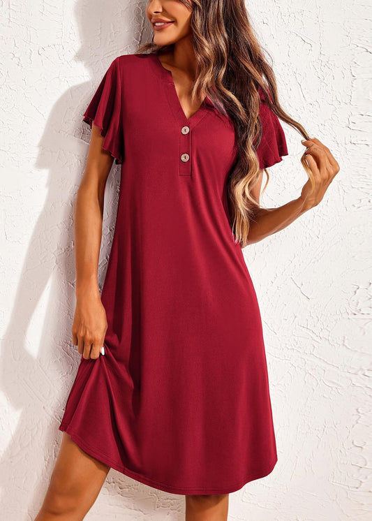 Dresses Pajamas Summer Wine Neck V Solid Cotton Red
