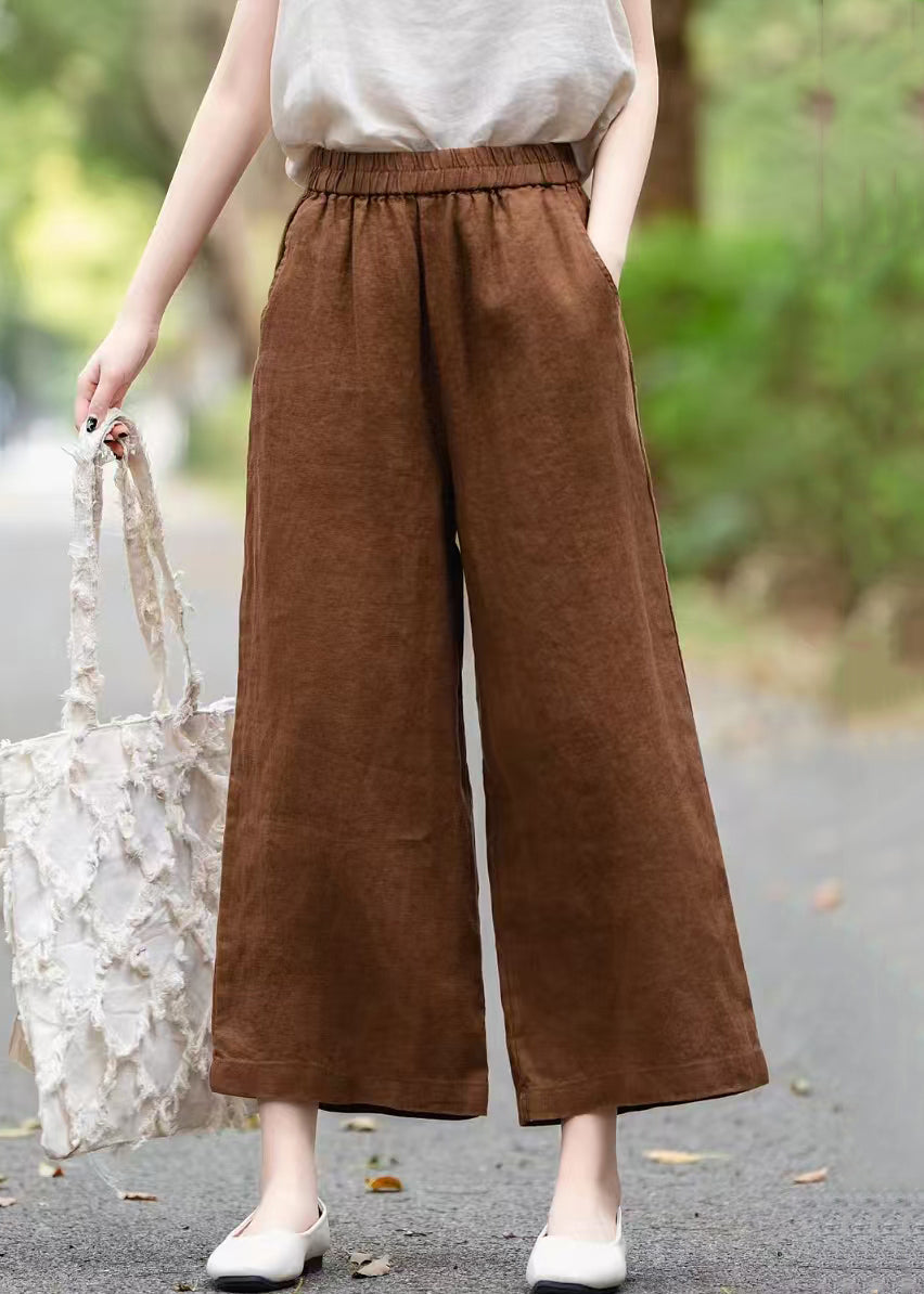 Red Waist Crop Summer Wine Pants Linen Elastic Solid