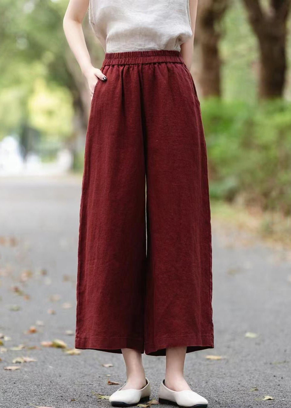 Red Waist Crop Summer Wine Pants Linen Elastic Solid
