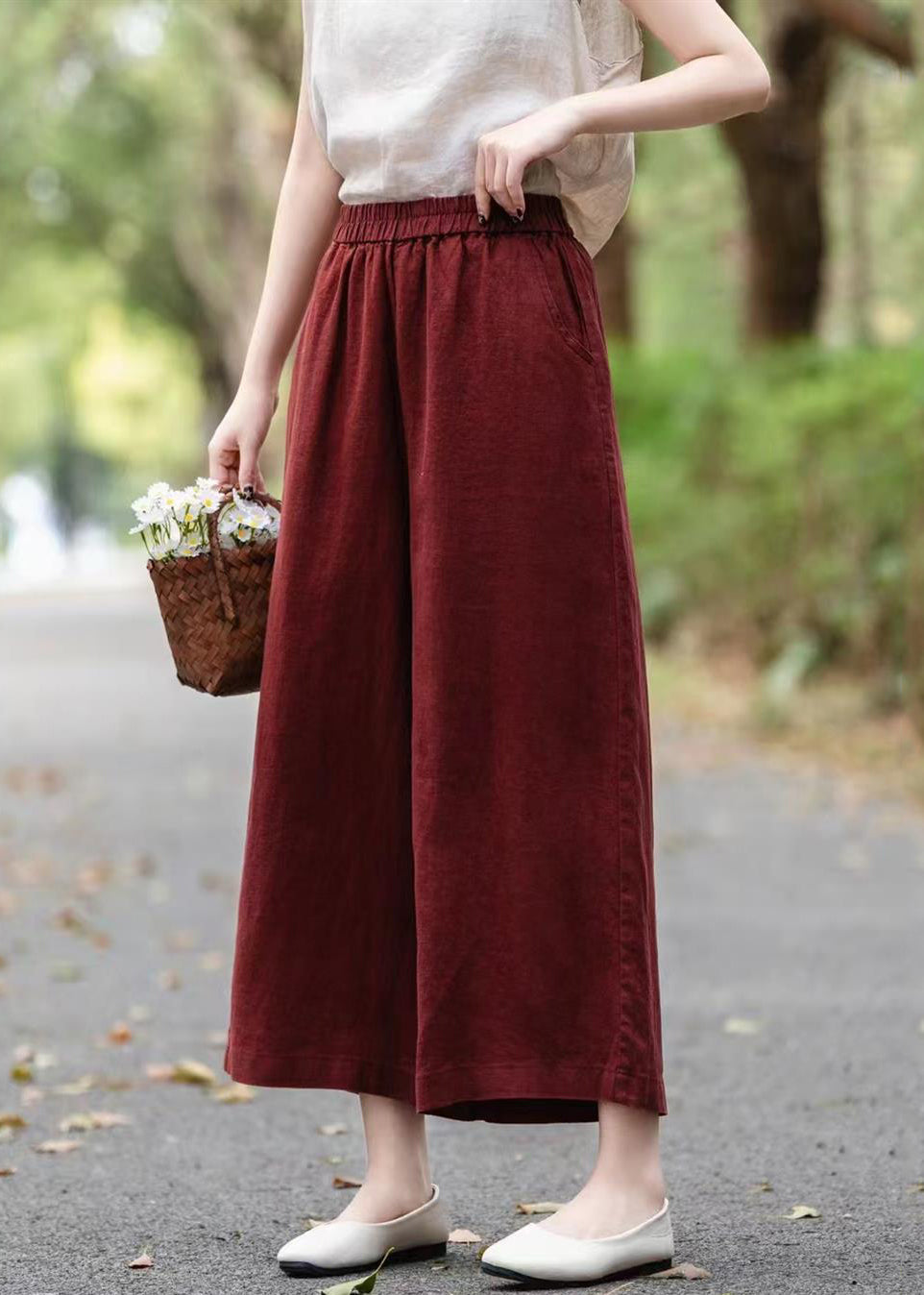 Red Waist Crop Summer Wine Pants Linen Elastic Solid