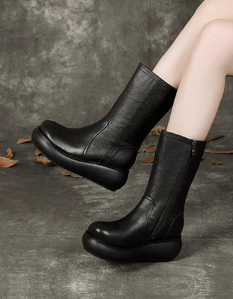 Winter Autumn Handmade Mid Calf Retro Wedge Boots Ada Fashion