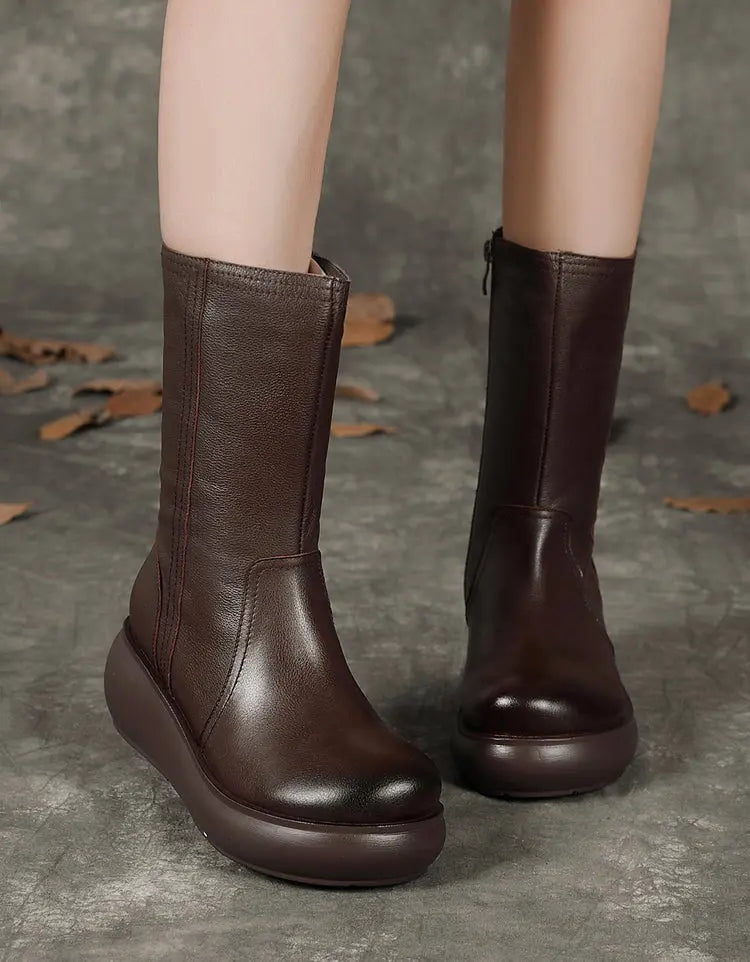 Winter Autumn Handmade Mid Calf Retro Wedge Boots Ada Fashion