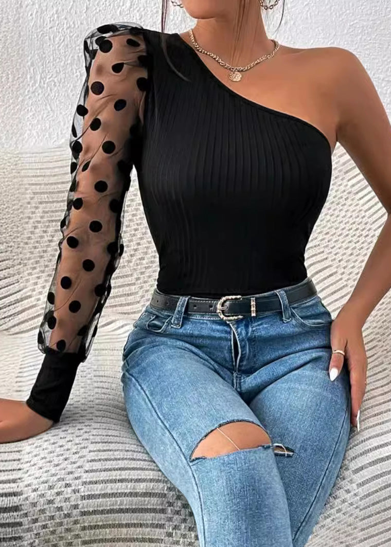 2025 Black Sleeved Top Women Patchwork Shoulder Single