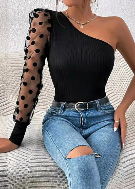 2025 Black Sleeved Top Women Patchwork Shoulder Single