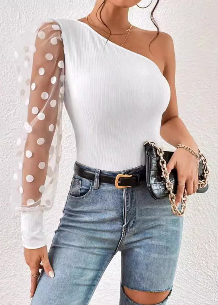 2025 Black Sleeved Top Women Patchwork Shoulder Single