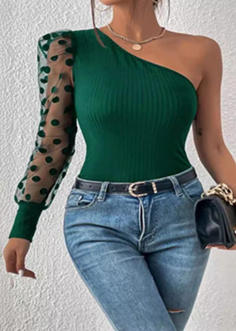 2025 Black Sleeved Top Women Patchwork Shoulder Single