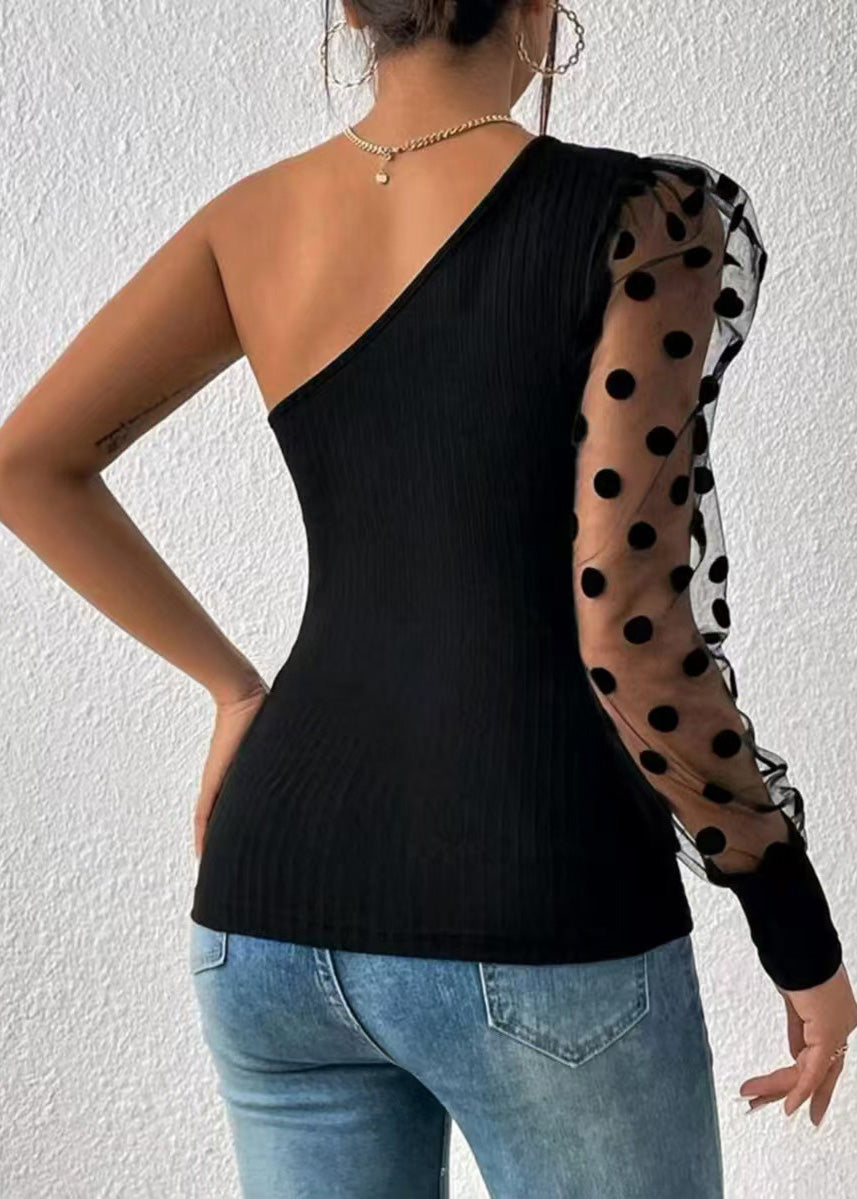 2025 Black Sleeved Top Women Patchwork Shoulder Single