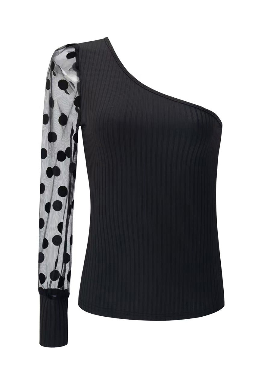 2025 Black Sleeved Top Women Patchwork Shoulder Single