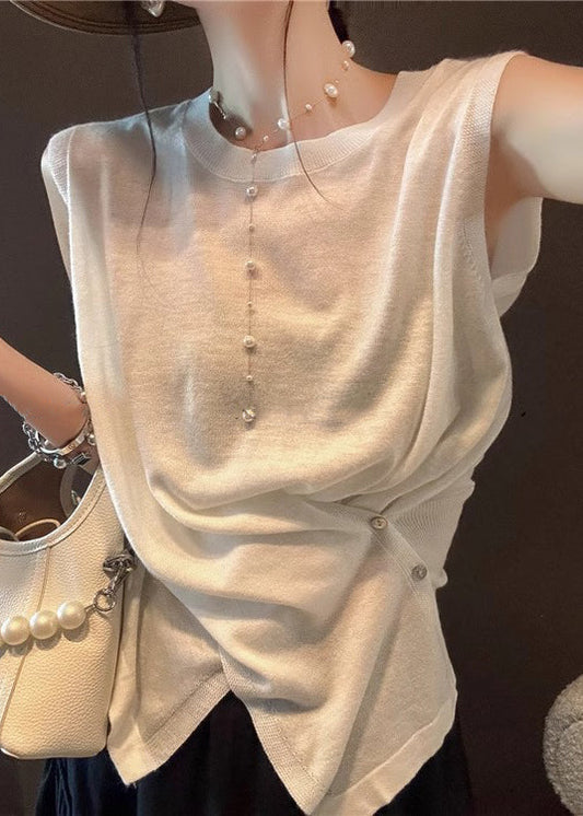 Sleeveless Women Side Asymmetrical Open Apricot Tanks Knit Button