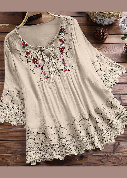 Apricot Summer T Shirt Neck Patchwork Lace Women O