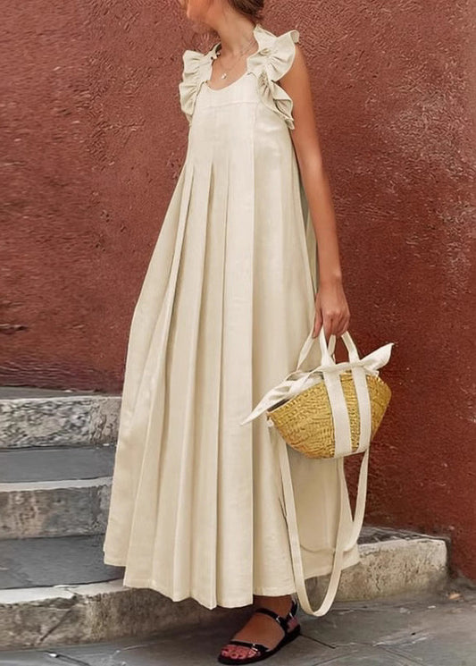 Long Solid Dress Apricot Women Ruffled Cotton Sleeveless