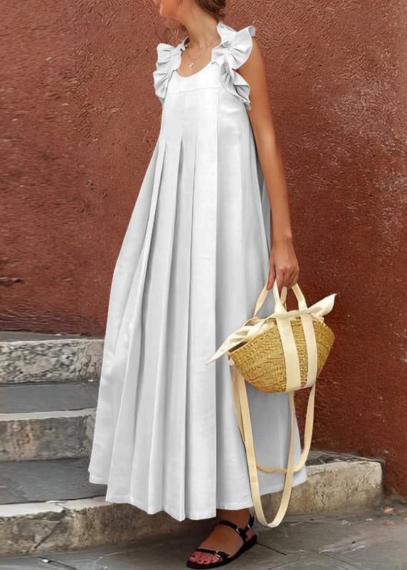 Long Solid Dress Apricot Women Ruffled Cotton Sleeveless