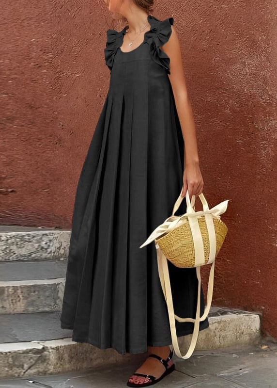 Long Solid Dress Apricot Women Ruffled Cotton Sleeveless