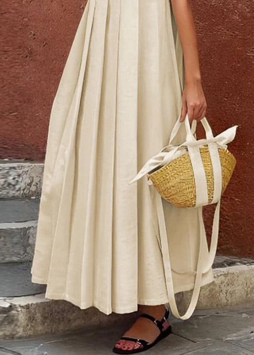 Long Solid Dress Apricot Women Ruffled Cotton Sleeveless