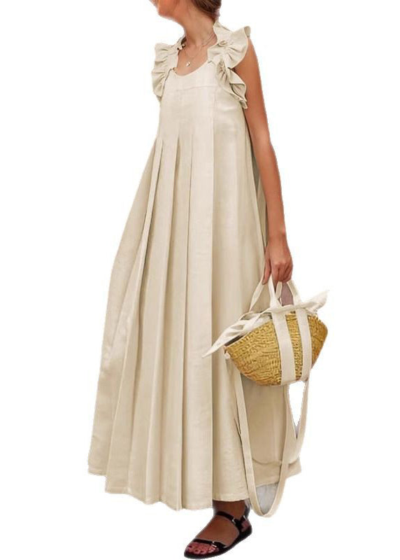 Long Solid Dress Apricot Women Ruffled Cotton Sleeveless