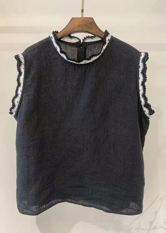 Linen Button Women Down Back Patchwork Sleeveless Lace Tops