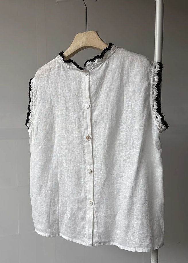 Linen Button Women Down Back Patchwork Sleeveless Lace Tops