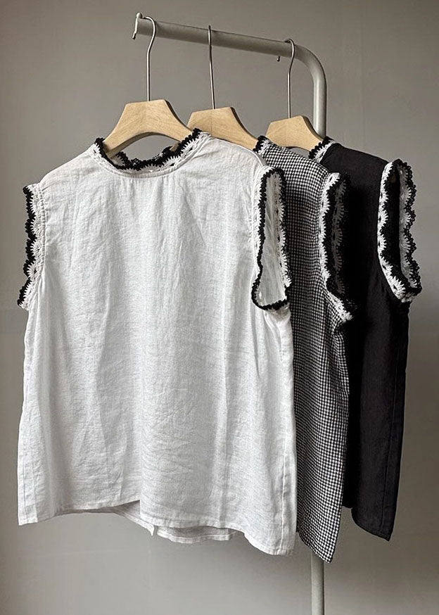 Linen Button Women Down Back Patchwork Sleeveless Lace Tops