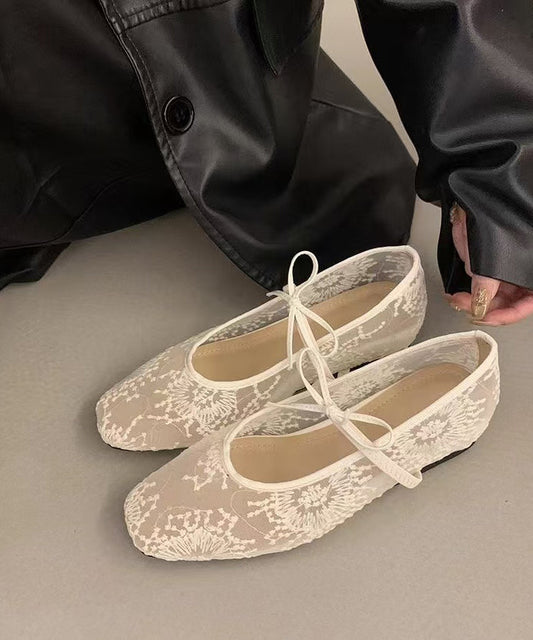 Mesh Bow Splicing Flats Breathable Embroidered Beige Women