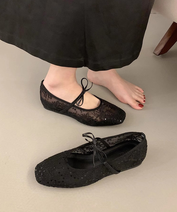 Mesh Bow Splicing Flats Breathable Embroidered Beige Women