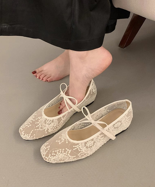 Mesh Bow Splicing Flats Breathable Embroidered Beige Women