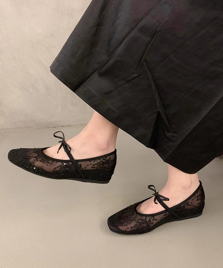 Mesh Bow Splicing Flats Breathable Embroidered Beige Women