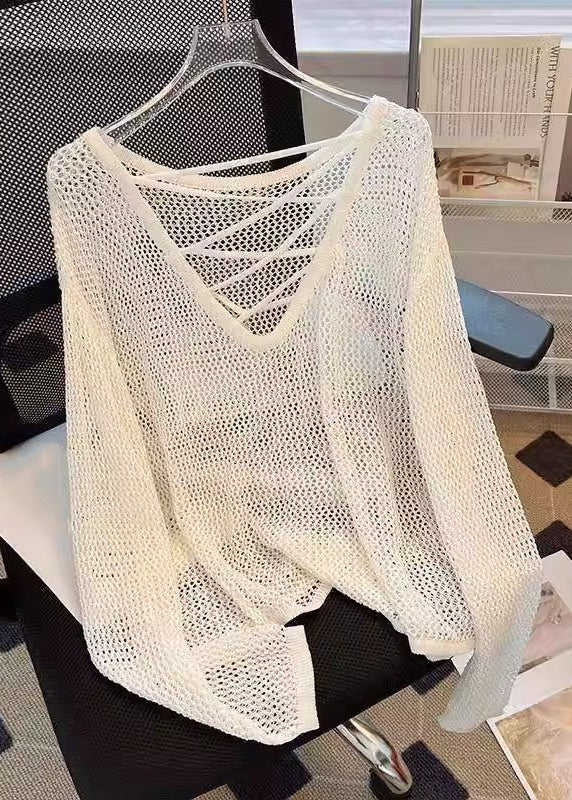 Summer Knit Tops Women Out Solid Beige Hollow
