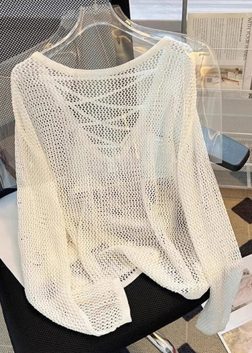 Summer Knit Tops Women Out Solid Beige Hollow