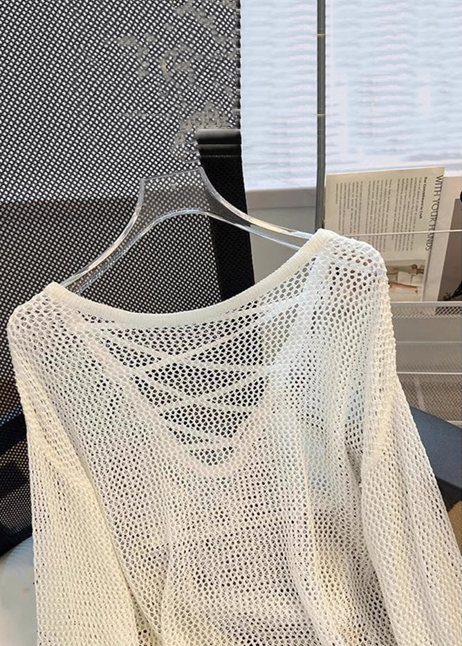 Summer Knit Tops Women Out Solid Beige Hollow