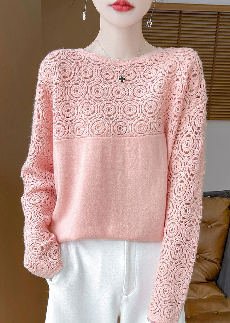 Women Beige Hollow Out Solid Wool Knit Sweater Winter WQ038