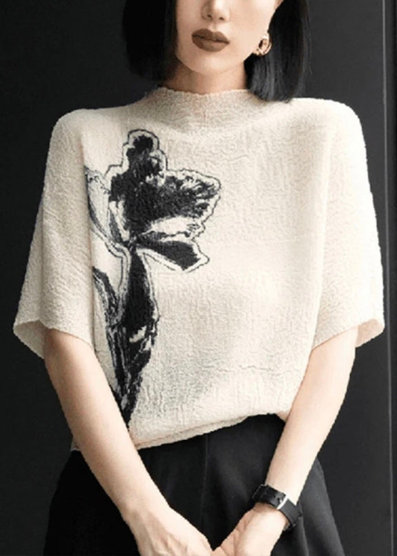 Women Batwing Shirts Beige Wrinkled Cotton T Sleeve Print