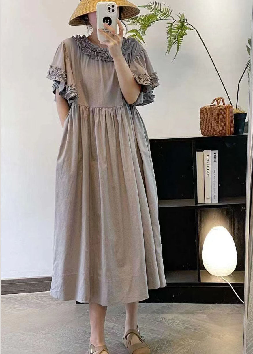 Women Beige Ruffled Patchwork Cotton Long Dresses Summer FF008