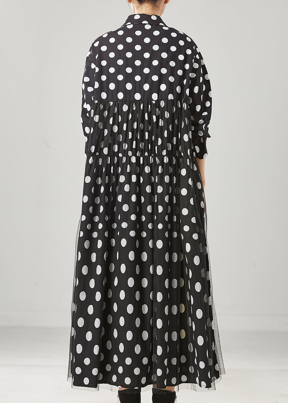 Women Black Dot Print Bow Tullle Long Dresses Spring YU1005