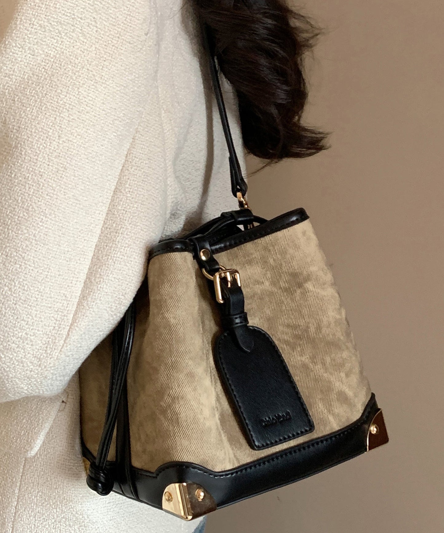 Women Black Faux Bucket Bag Leather Drawstring