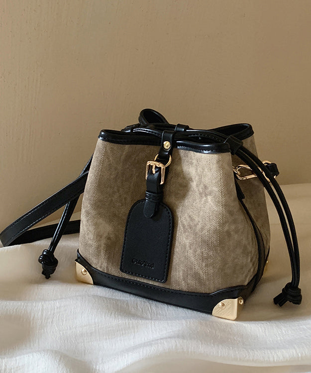 Women Black Faux Bucket Bag Leather Drawstring