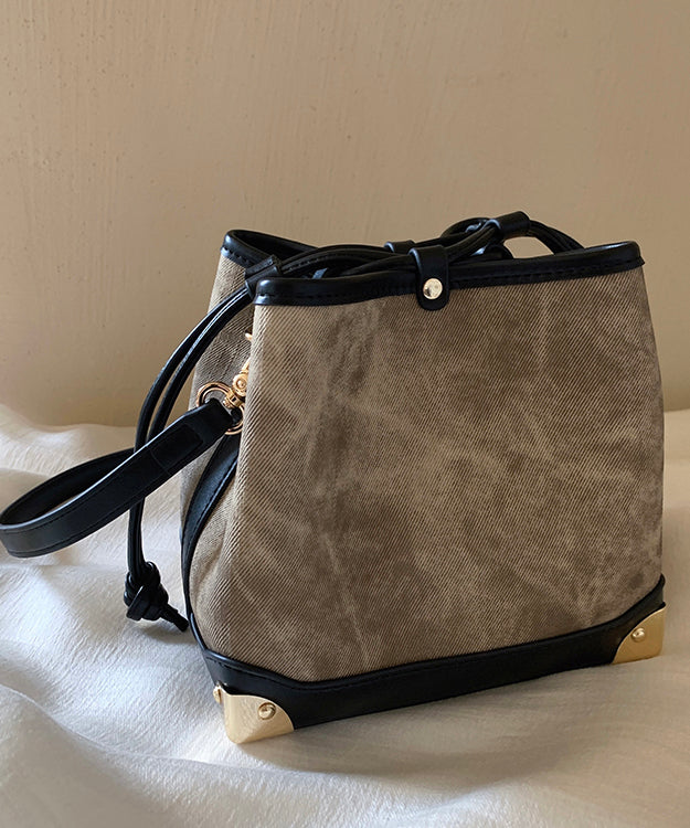 Women Black Faux Bucket Bag Leather Drawstring