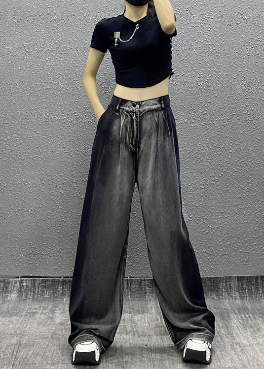 Women Black Grey Pockets Patchwork Denim Wide Leg Pants Fall RI008