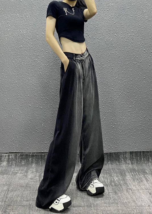 Women Black Grey Pockets Patchwork Denim Wide Leg Pants Fall RI008