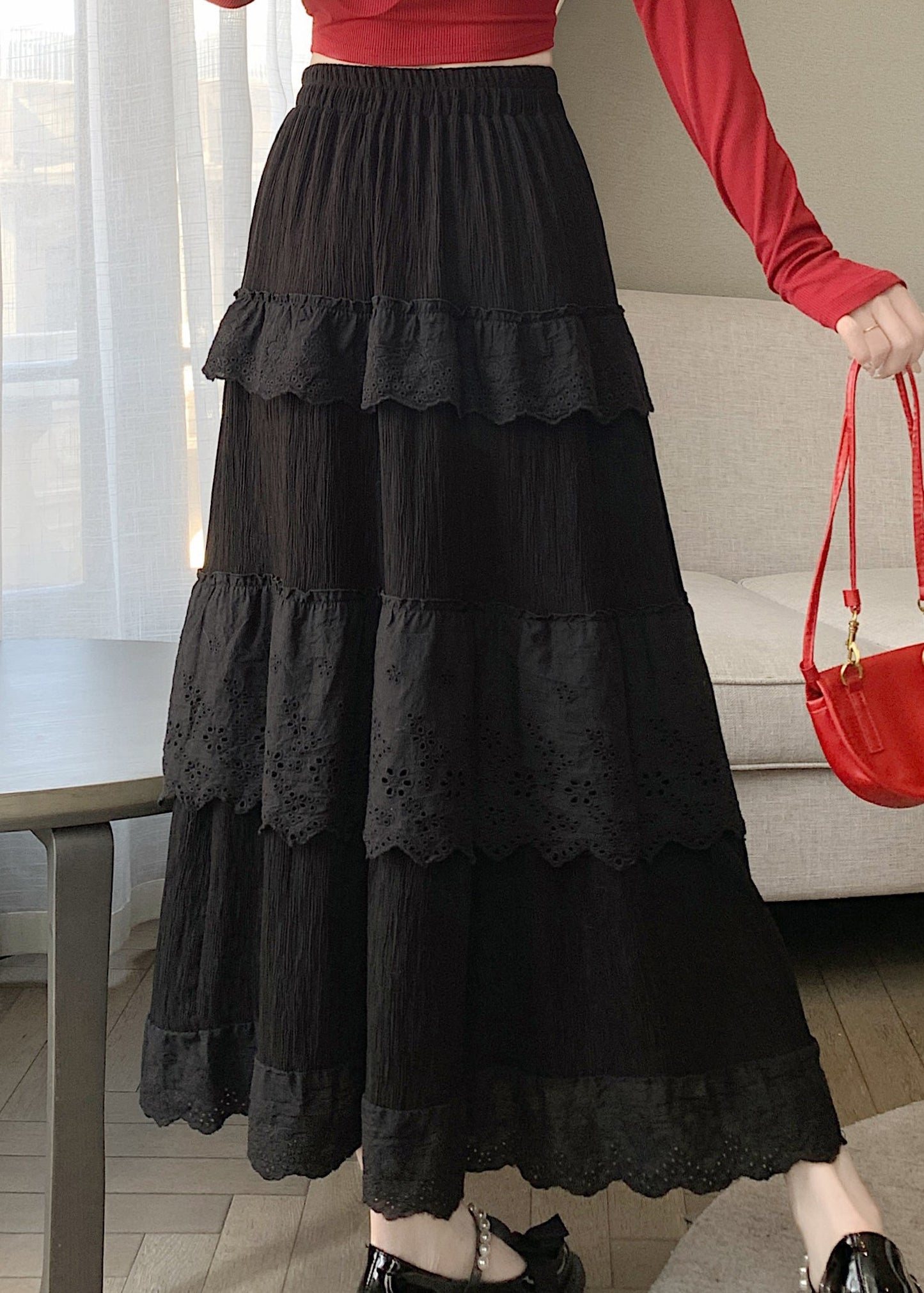 Women Black High Waist Patchwork Cotton Skirts Summer QQ1061