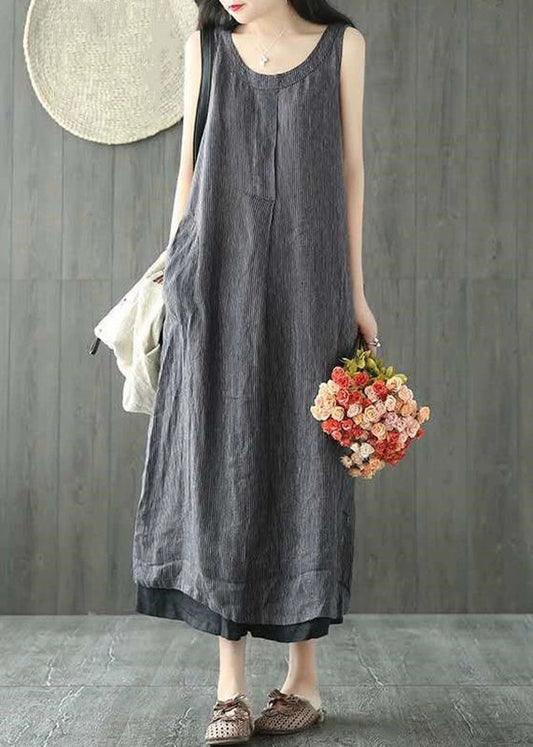 Women Black O Neck Pockets Linen Long Dresses Sleeveless FF064