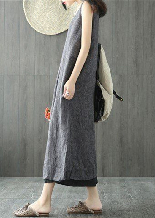 Women Black O Neck Pockets Linen Long Dresses Sleeveless FF064