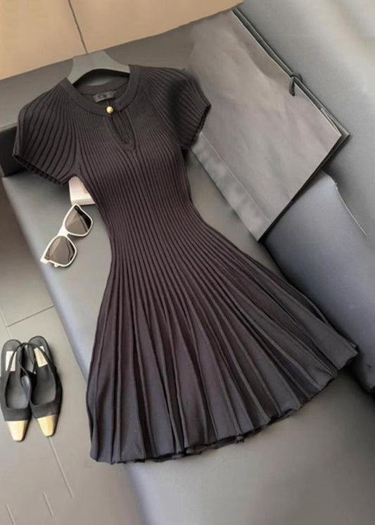 Neck Summer Solid Black O Mid Dress Wrinkled Knit Women