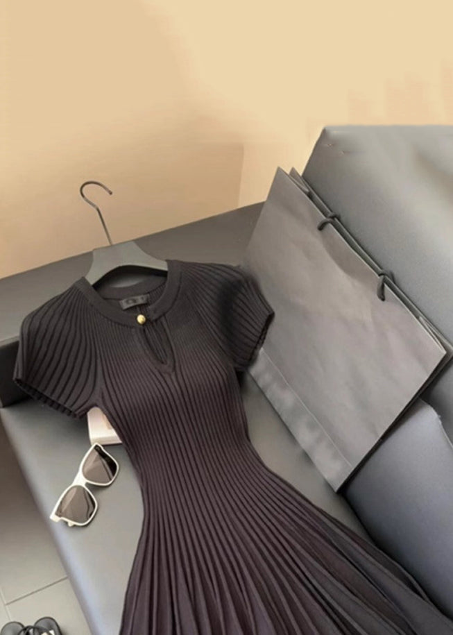 Neck Summer Solid Black O Mid Dress Wrinkled Knit Women