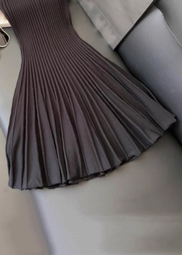 Neck Summer Solid Black O Mid Dress Wrinkled Knit Women